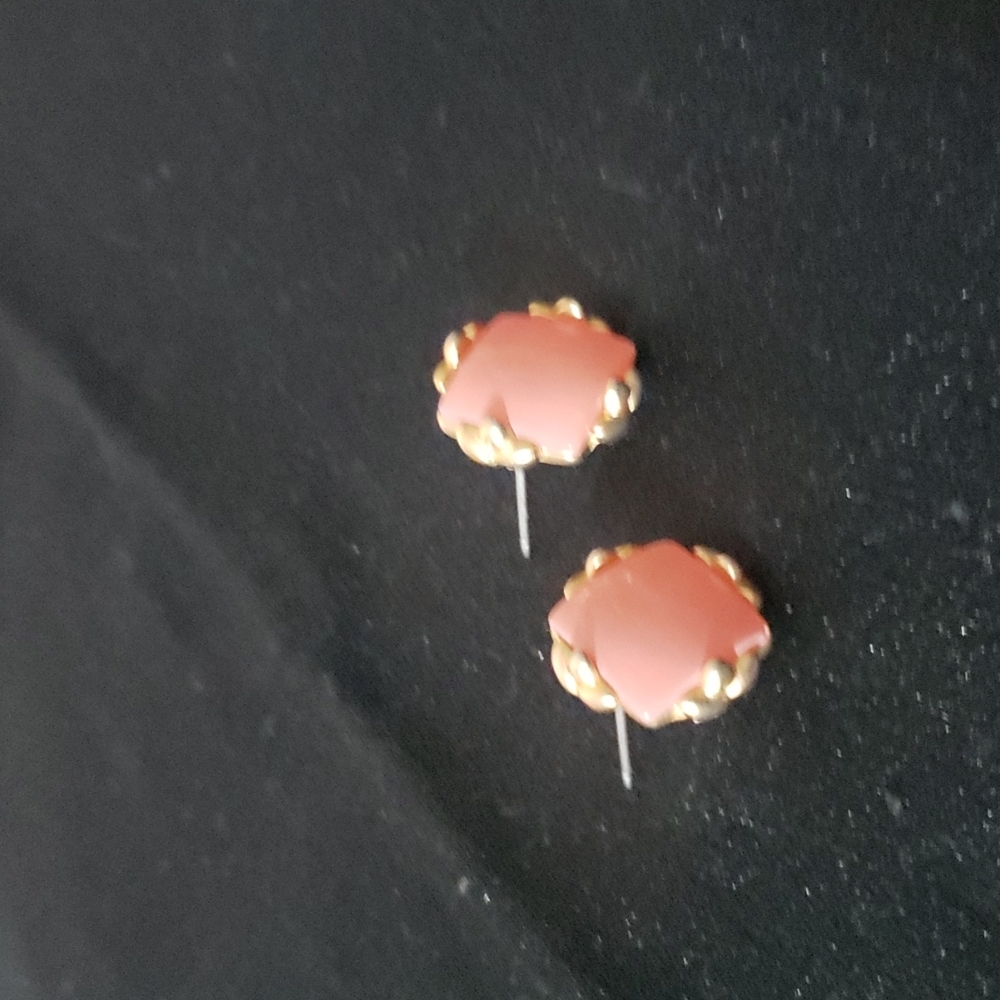 Lovely Vintage Oscar de la Renta Coral and Gold Tone Pierced Earrings